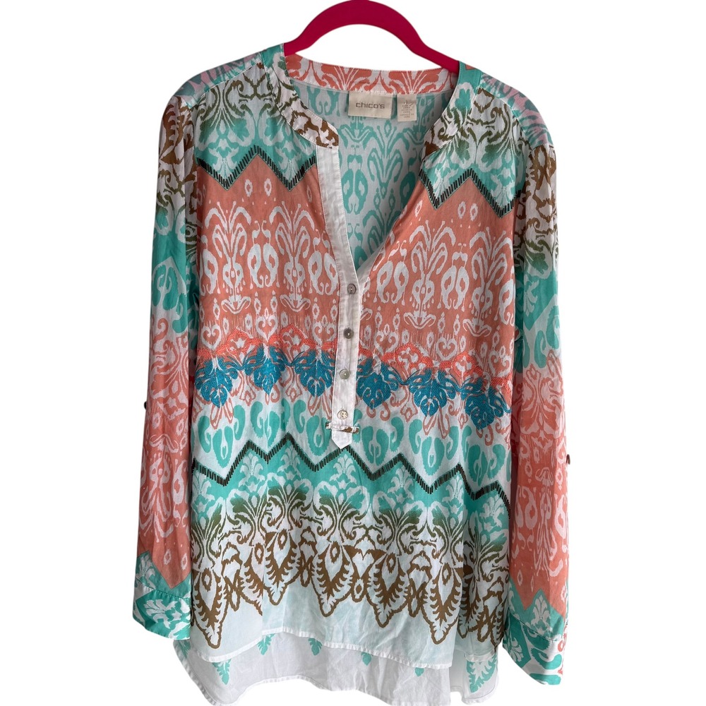 CHICO'S Multicolor Embroidered Bohemian Ladies Tunic Blouse, M